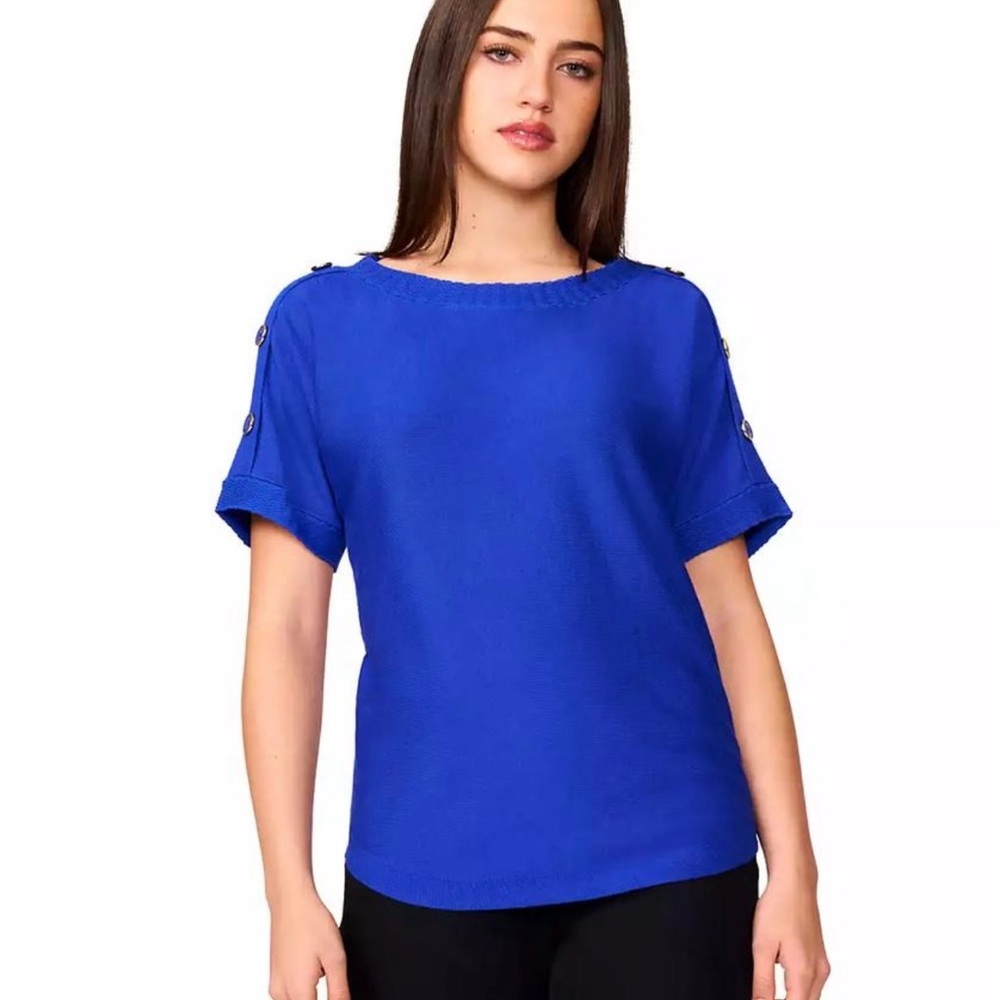 NWT $46 Melissa Paige S/S Sweater Women’s Medium Top Round-Hem Blue Button